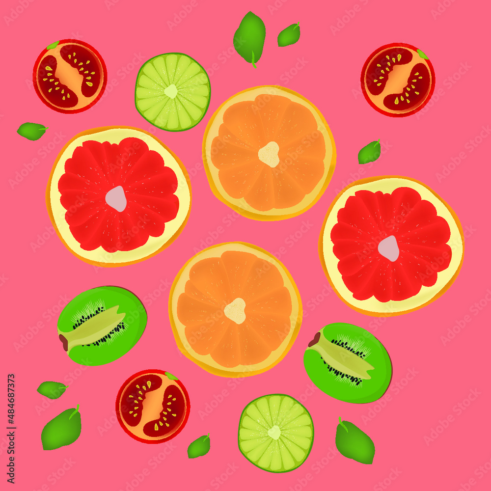 Fruit background. Vector bright print for fabric or wallpaper.