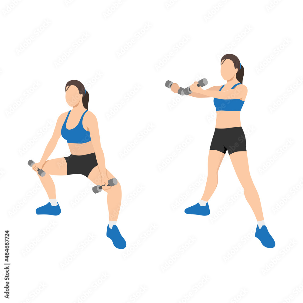 Woman doing plie squat scoop up exercise. Flat vector illustration isolated on white background Woman doing plie squat scoop up exercise. Flat vector illustration isolated on white background