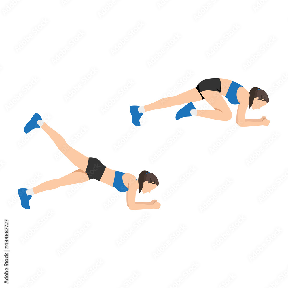 Woman doing knee to elbow kickback exercise. Flat vector illustration isolated on white background Woman doing knee to elbow kickback exercise. Flat vector illustration isolated on white background