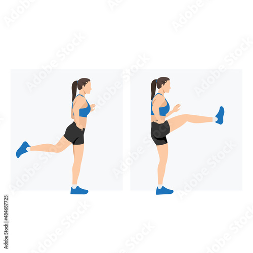 Fototapeta Naklejka Na Ścianę i Meble -  Woman doing forward leg swings holding on the wall exercise. Flat vector illustration isolated on white background