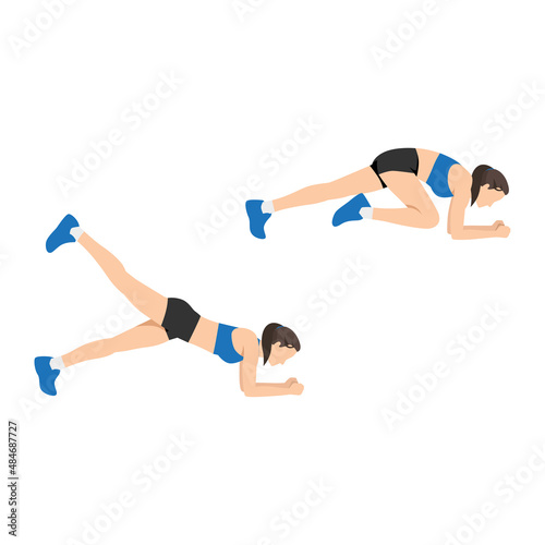 Woman doing knee to elbow kickback exercise. Flat vector illustration isolated on white background