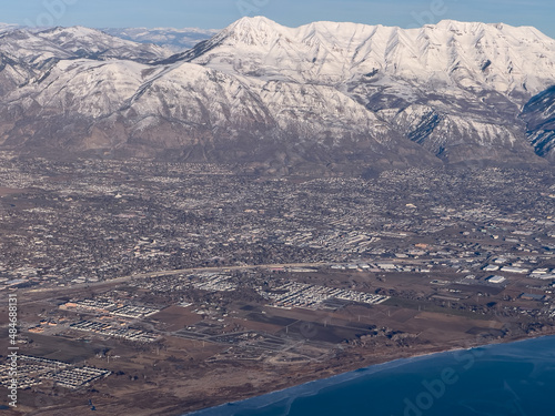 Aerial view of Provo and Lake Utah in winter