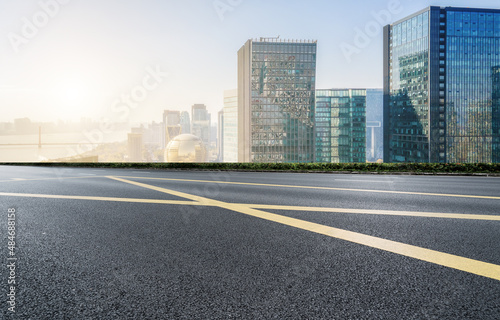 Freeway skyline and financial district modern buildings