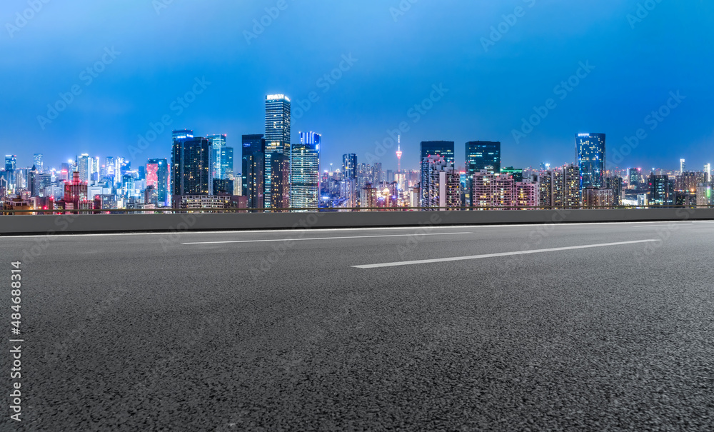 Freeway skyline and financial district modern buildings