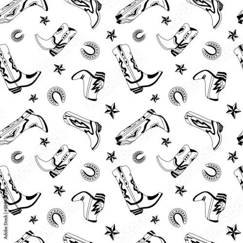 Vector seamless monchrome pattern with decorated cowboy boots,horseshoe and stars on white background.Hand drawn western design,wild west vibes for wrapping paper,fabrics,textile,prints,decoration