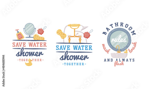 Bathroom Lettering with Inscription and Mirror with Bathtub Vector Set