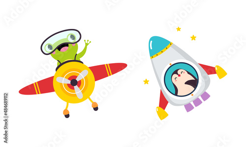 Cute Frog and Penguin Animal Flying on Airplane with Propeller and Rocket Vector Set
