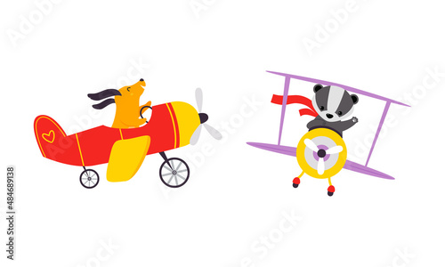Cute Dog and Badger Animal Flying on Airplane with Propeller Vector Set