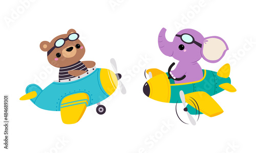 Cute Bear and Elephant Animal Flying on Airplane with Propeller Vector Set