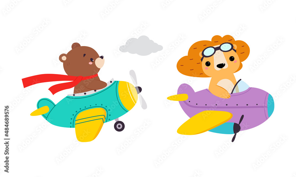 Cute Bear and Lion Animal Flying on Airplane with Propeller Vector Set Cute Bear and Lion Animal Flying on Airplane with Propeller Vector Set
