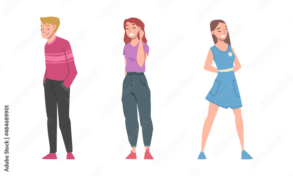 Fototapeta premium Positive Man and Woman Character Standing with Smiling Face Feeling Euphoric and in High Spirits Vector Set