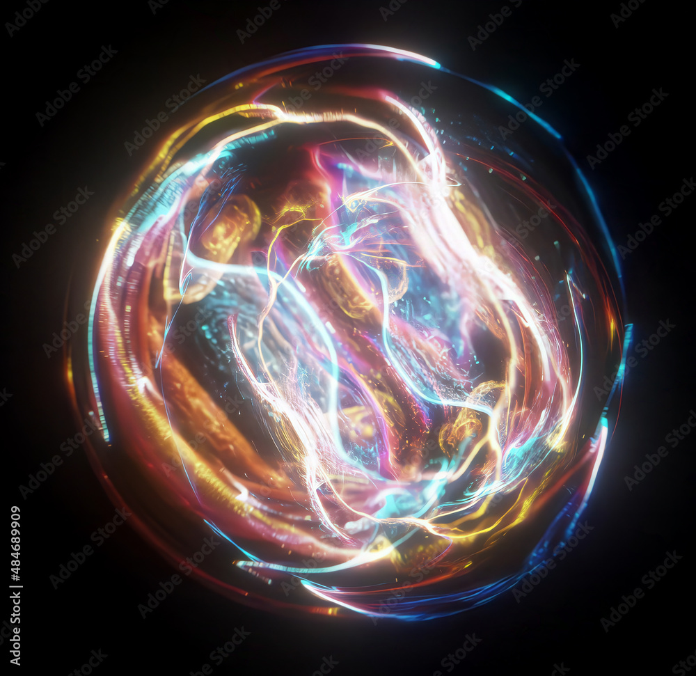 Energetic glowing orb, abstract background. Light sphere. Atoms and  electrons. Sparking particle. streaks Colorful ellipse. Glint sphere.  Energy ball. Physics concept. Illustration Stock | Adobe Stock