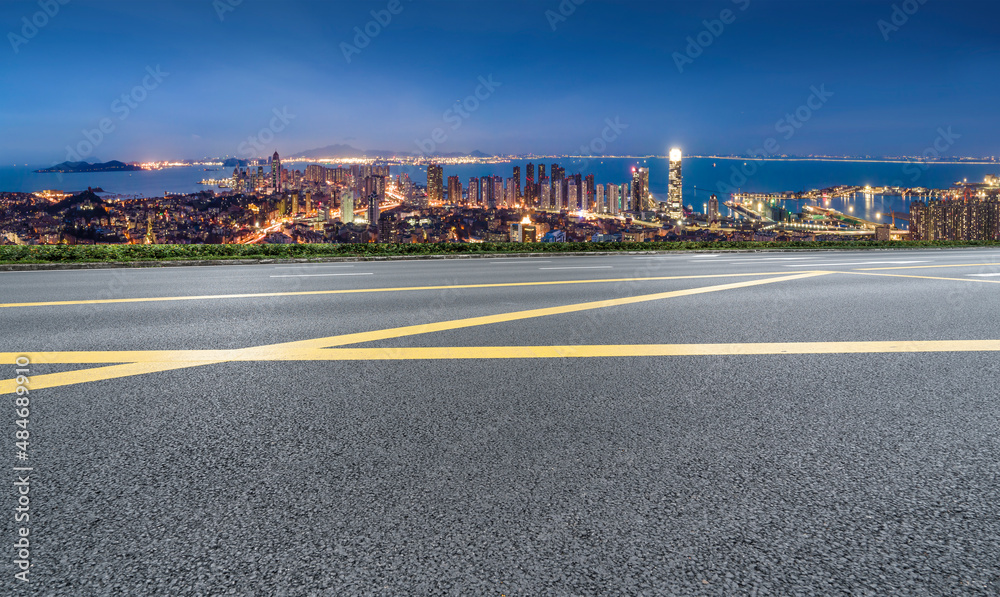 Freeway skyline and financial district modern buildings