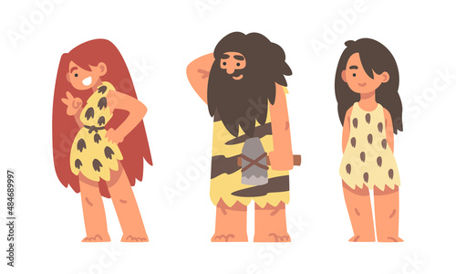 Standing Primitive Man and Woman Character from Stone Age Wearing Animal Skin Vector Illustration Set