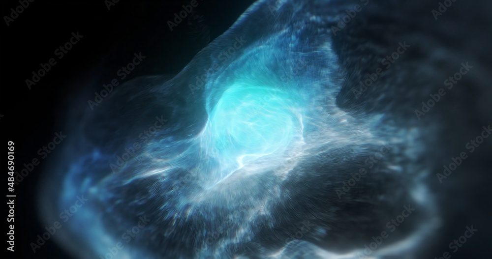 Colorful smoke on black background with blue light in the center. Abstract turbulent wave, particle effect. 3D rendering
