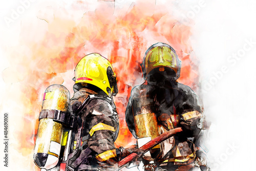 Digital painting and drawing of firefighters wearing fire fighter suit for safety and using twirl water extinguisher for fighting the fire flame in emergency situation.. - Safety industrial concept. photo