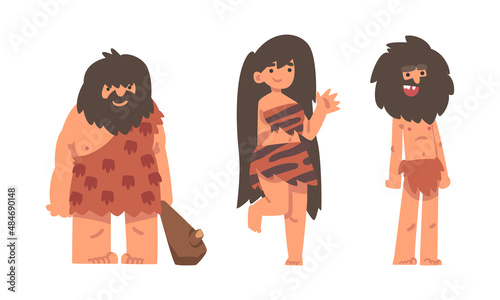 Standing Primitive Man and Woman Character from Stone Age Wearing Animal Skin Vector Illustration Set
