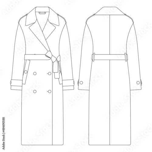 Template women double breasted trench coat vector illustration flat design outline clothing collection outerwear photo