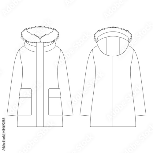 Template women down short fur coat vector illustration flat design outline clothing collection outerwear