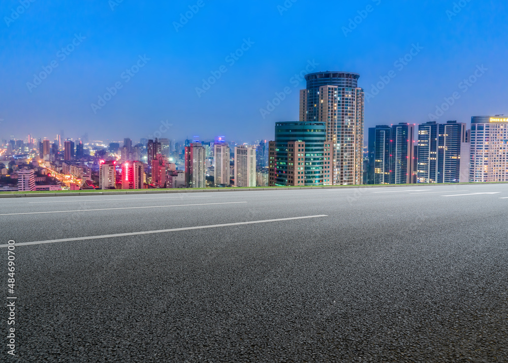 Freeway skyline and financial district modern buildings