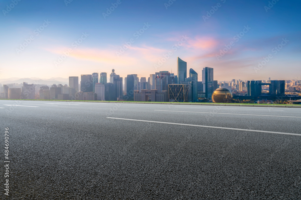 Freeway skyline and financial district modern buildings