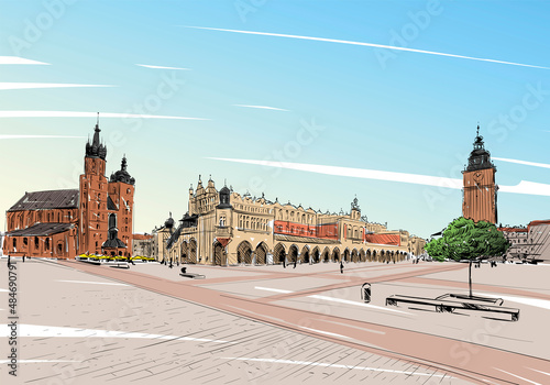 Poland. Krakow. St. Mary's church. Hand drawn sketch. City vector illustration