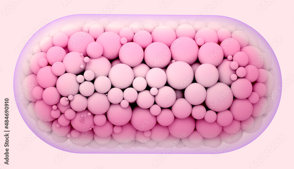3d render of abstract art object of surreal transparent pill in cylindrical  shape with small balls spheres particles inside in pink color on light red  rose background Stock Illustration