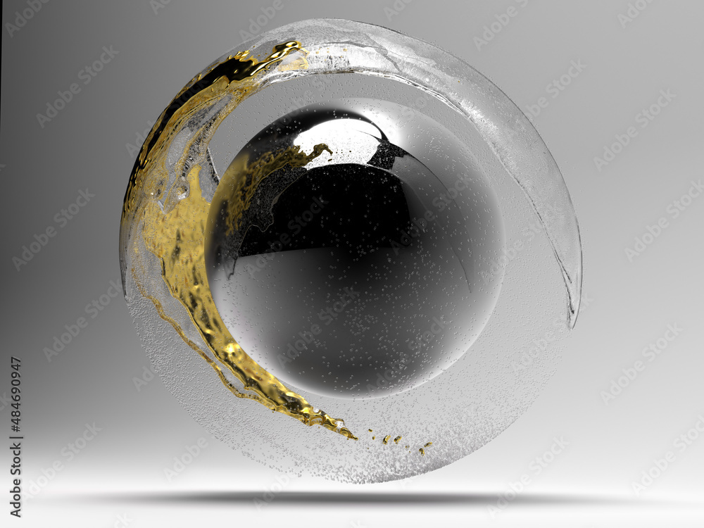 3d render of abstract art with surreal flying black glossy silver metal ...