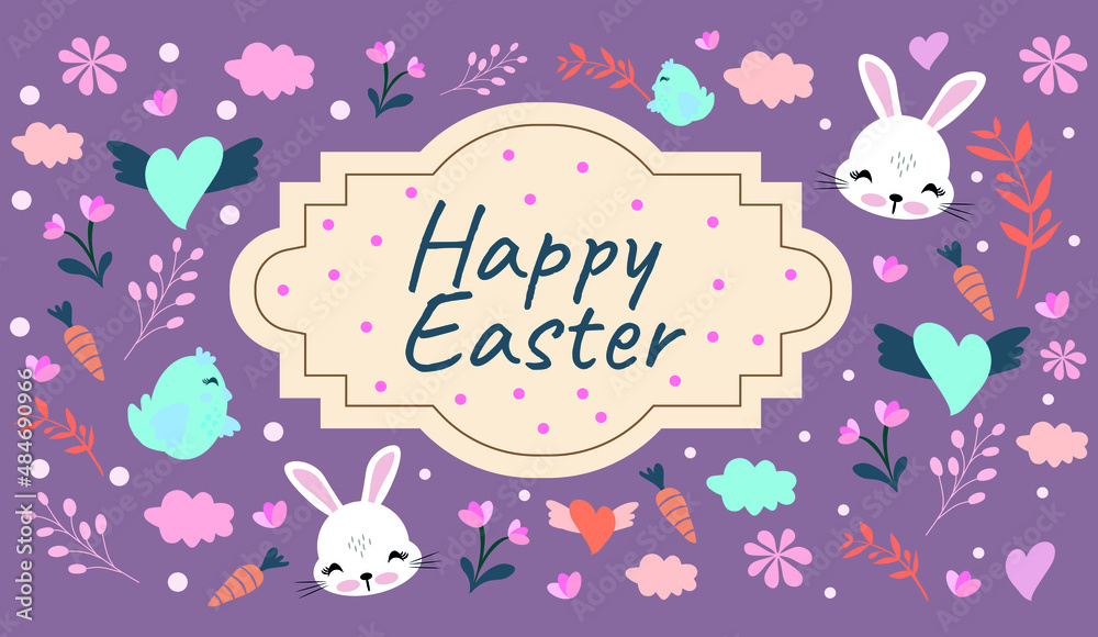 cute rabbit and easter set of flowers and eggs. happy easter greeting card