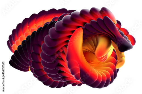 Fototapeta Naklejka Na Ścianę i Meble -  3d render of abstract art of surreal spiral twisted fractal alien flower in curve wavy organic lines forms in matte  finish material in brown purple red orange and yellow gradient color on white back