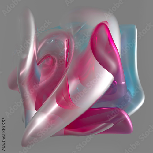 3d render of abstract art with surreal sculpture in curve wavy organic biological lines forms in transparent matte plastic material with multilayer effect in azure blue purple and grey gradient color