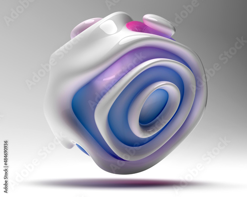 Fototapeta Naklejka Na Ścianę i Meble -  3d render of abstract art of surreal flying 3d alien ball or sphere in curve wavy spiral round organic smooth and soft lines forms in glossy white ceramic material with purple transparent glass parts 