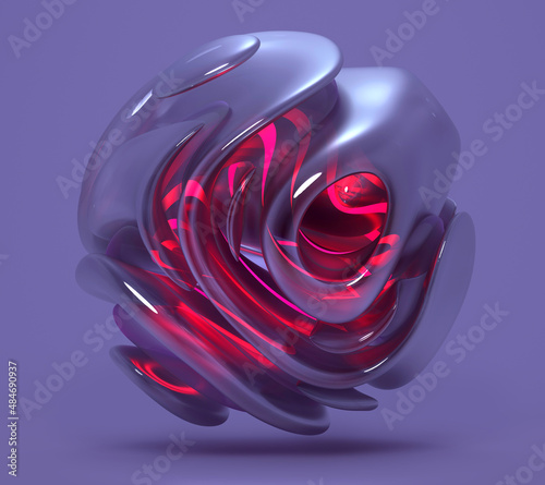 Fototapeta Naklejka Na Ścianę i Meble -  3d render of abstract art surreal 3d alien ball r sphere in curve wavy round organic lines forms in matte transparent plastic material with pink glowing lines inside as core on dark grey purple back