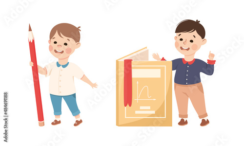 Cute Boy with Huge Book and Pencil as School Stationery Vector Illustration Set