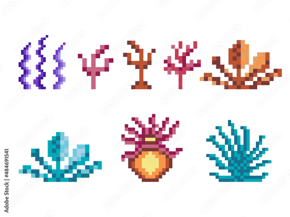 Underwater Plants and Seaweeds in Pixel Art