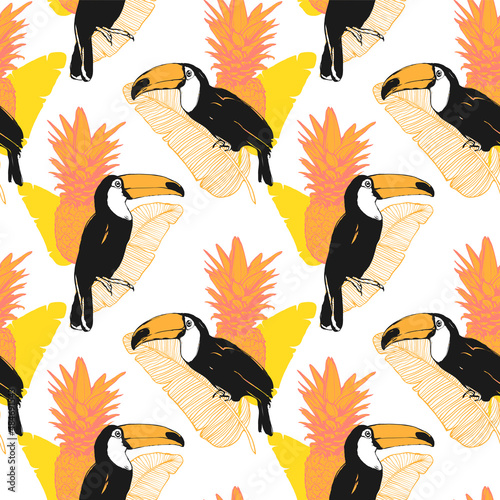 Vector tropical summer seamless pattern with toucan, leaves and watermelone