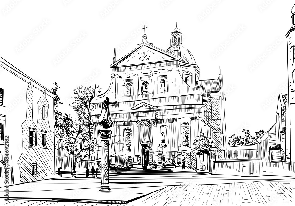 Poland. Krakow. Church of Saints Peter and Paul. Hand drawn sketch. City vector illustration
