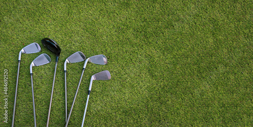 banner of Different golf club on green grass background. sport concept.