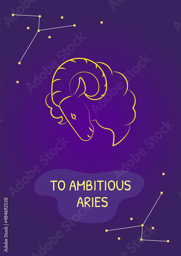 Greetings to ambitious aries postcard with linear glyph icon. Greeting card with decorative vector design. Simple style poster with creative lineart illustration. Flyer with holiday wish