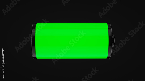 Charge icon on black background, battery is full. 3D Render.