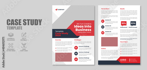 Case study flyer template for corporate business project with company logo and icon. Professional annual report with creative modern background. Marketing poster, brochure or research paper.        