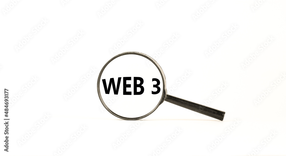 WEB 3 symbol. Concept words WEB 3. Magnifying glass. Beautiful white table, white background. Copy space. Business, technology and WEB 3.0 web3 concept. WEB 3 symbol. Concept words WEB 3. Magnifying glass. Beautiful white table, white background. Copy space. Business, technology and WEB 3.0 web3 concept.