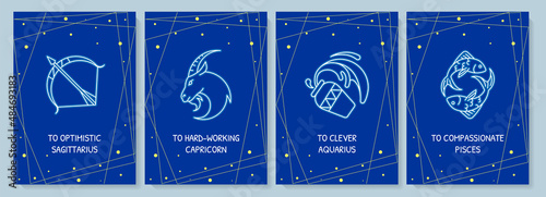Horoscope signs postcard with linear glyph icon set. Astrology. Greeting card with decorative vector design. Simple style poster with creative lineart illustration. Flyer with holiday wish