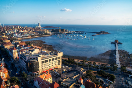 Aerial photography of Qingdao bay architectural landscape skyline