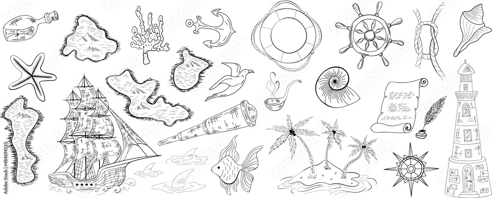 Marine nautical doodle set collection elements on white background. Cartoon style vector illustration.