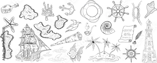 Marine nautical doodle set collection elements on white background. Cartoon style vector illustration.