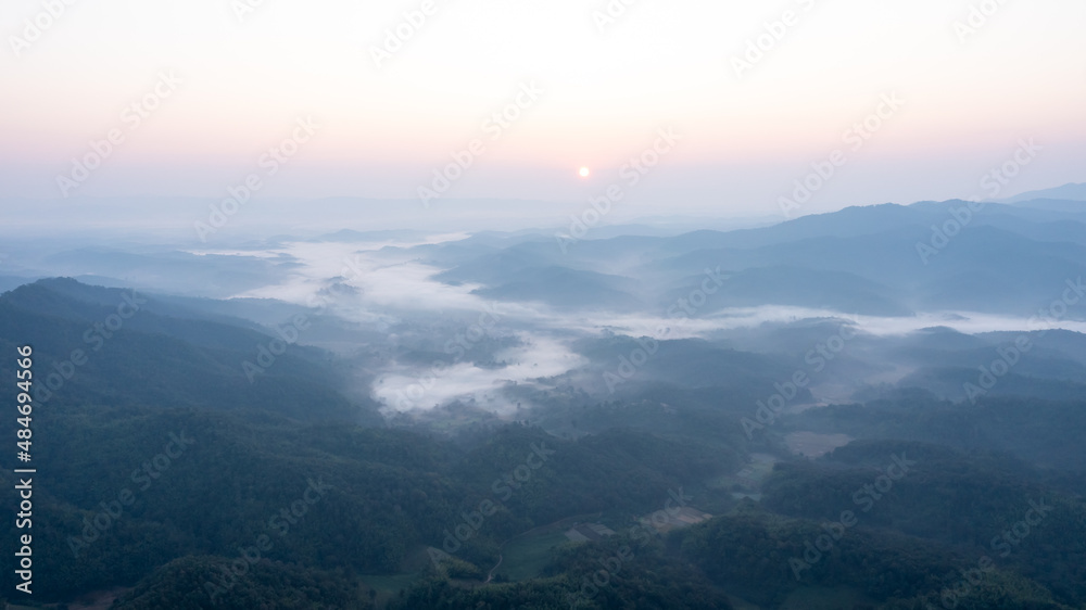 aerial landscape view mist and foggy in the valley and the sunlight at morning scene photograph for background, natural landscape view concept