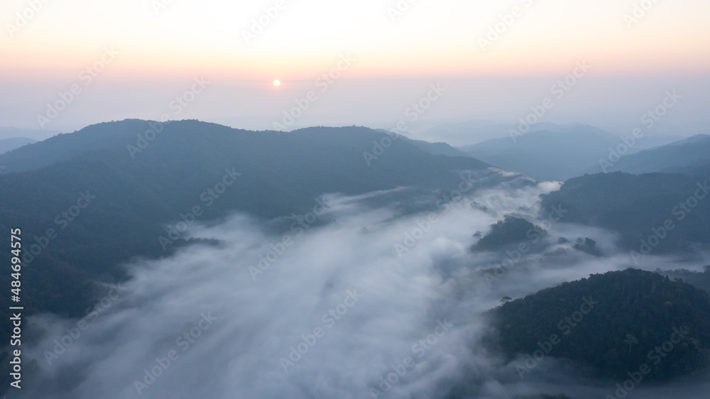aerial landscape view mist and foggy in the valley and the sunlight at morning scene photograph for background, natural landscape view concept