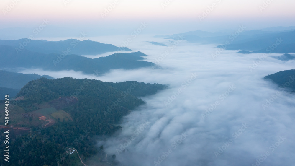 aerial landscape view mist and foggy in the valley and the sunlight at morning scene photograph for background, natural landscape view concept