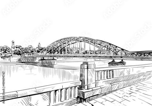 Poland. Krakow. Hand drawn bridge over the river Vistula. Vector illustration